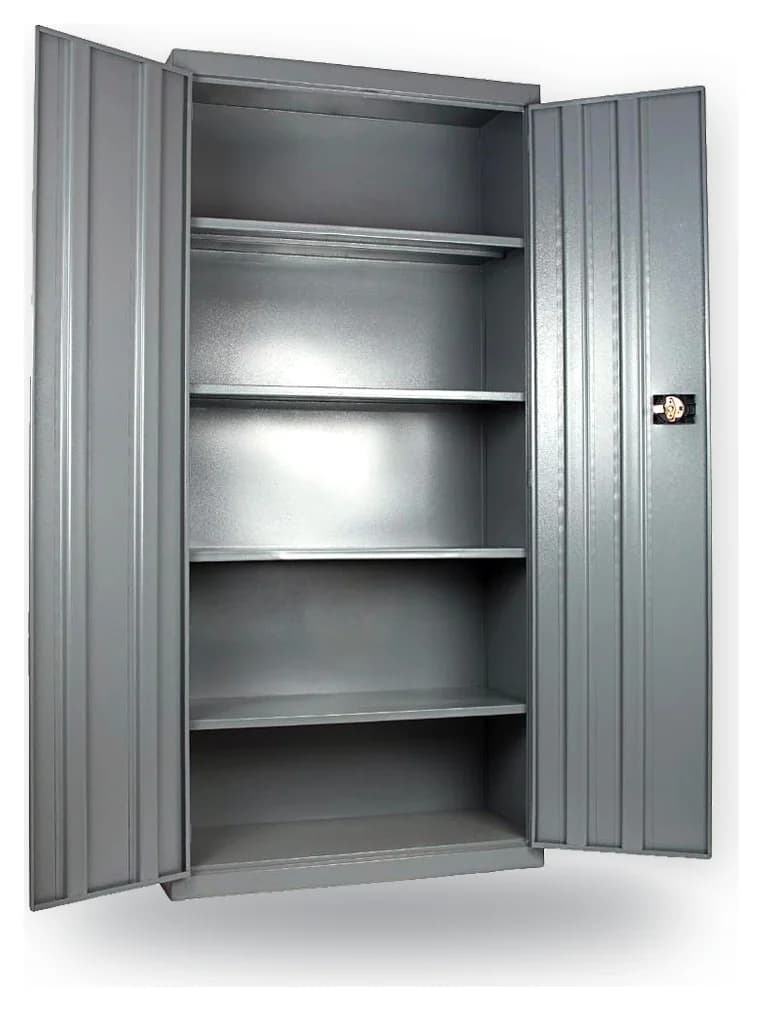 Gabinete universal gris con puertas abiertas y entrepaños